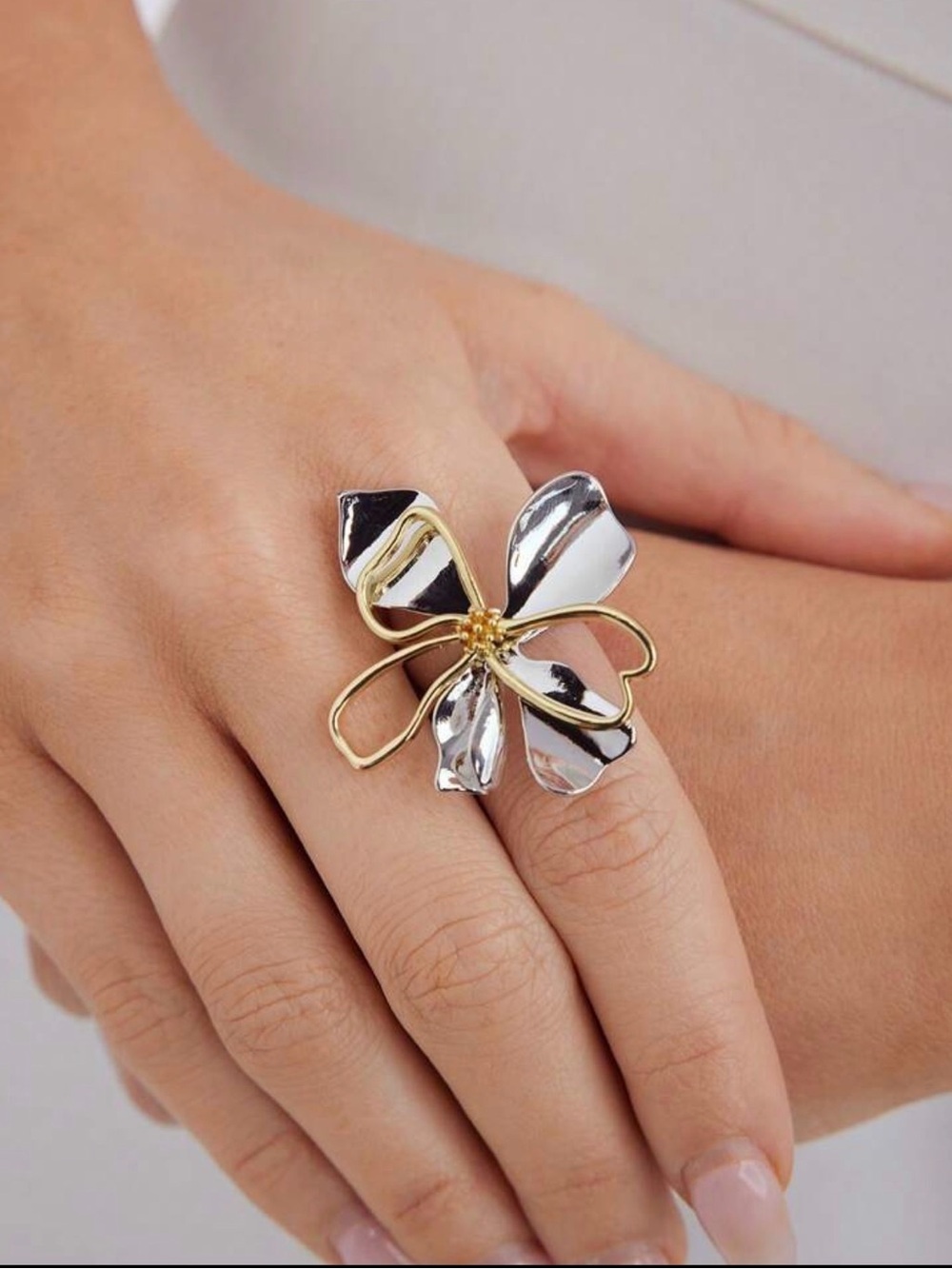 ✨ Sculptural Silver & Gold Floral Statement Ring | Modern Abstract Flower Ring